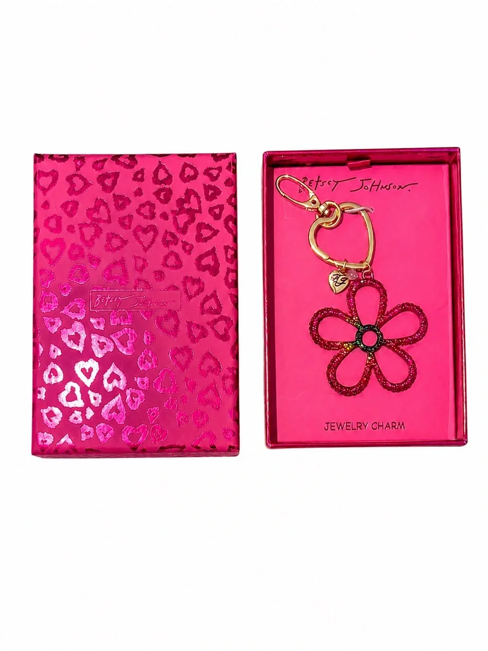Betsey Johnson Pink Flower Rhinestone Bag Charm Keychain NWT